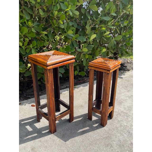 Vintage Graduated Bamboo & Rattan Pedestal Plant Stands, Pair For Sale - Image 10 of 10