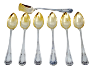 Silver Coffee Spoons and Sugar Shovel with Gilt Shells and Embossed Handles, Set of 6