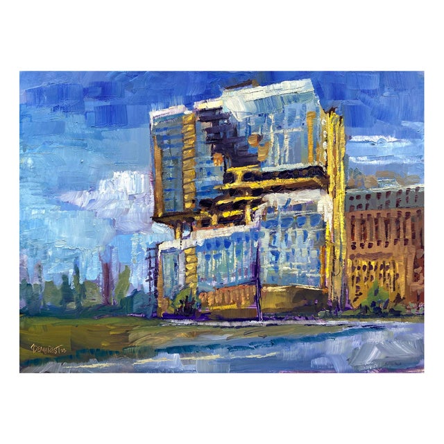 MAD Studios Architecture Rift Rino by Delton Demarest | Oil on panel of a modern building exterior For Sale