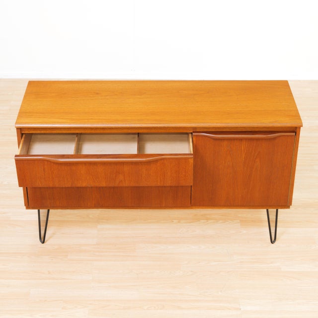 Brown Mid Century Teak Sideboard Cabinet on Hairpin Legs For Sale - Image 8 of 8