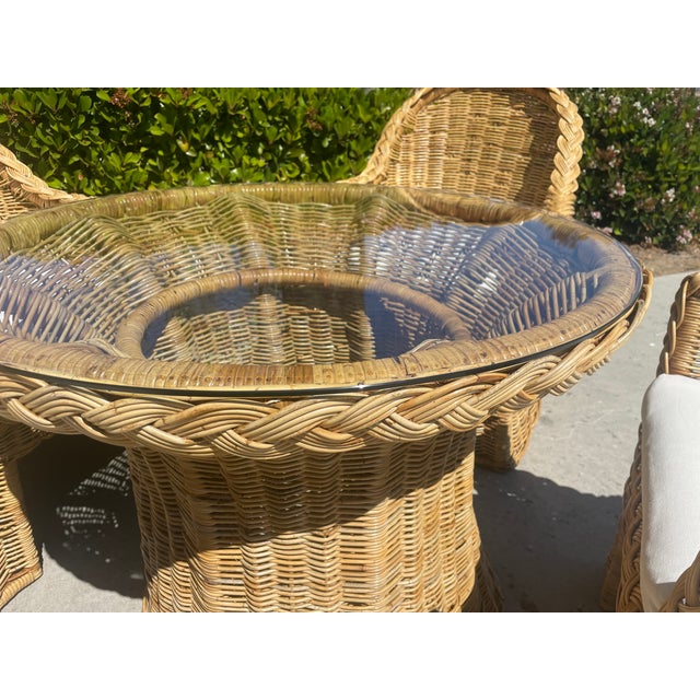 Vintage Woven Rattan Wicker Dining Set, Coastal Style With Braided Trim After Bielecky Brothers For Sale - Image 9 of 17