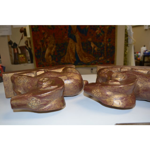 Pair Carved Wood Seated Rams Gold / Burgundy Wash For Sale - Image 9 of 14