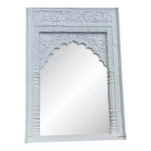 Vintage Carved Wood Arched British Raj Era Indian Jharokha Rustic Boho Framed Mirror