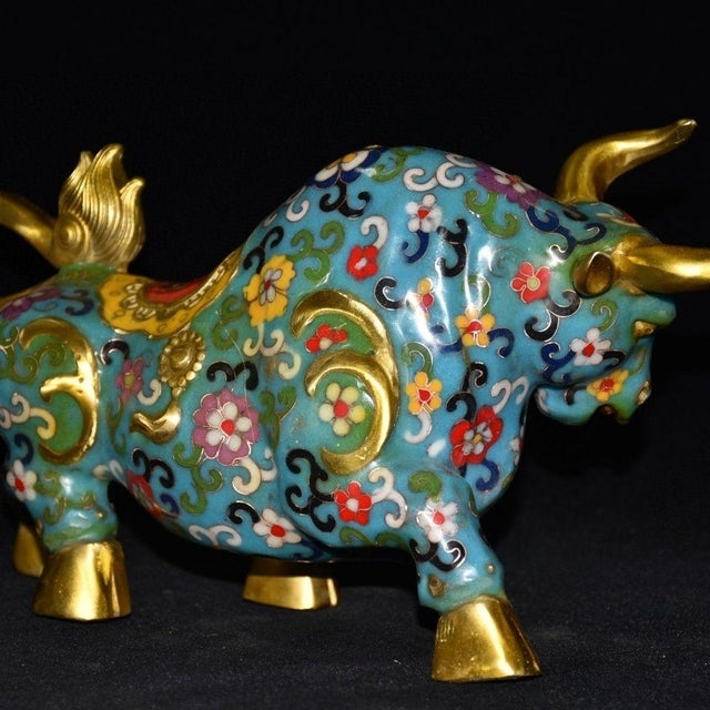 Vintage Cloisonne Enamel Bull Figurine – 11" Gilt Ox Sculpture With Floral Motif For Sale - Image 4 of 18
