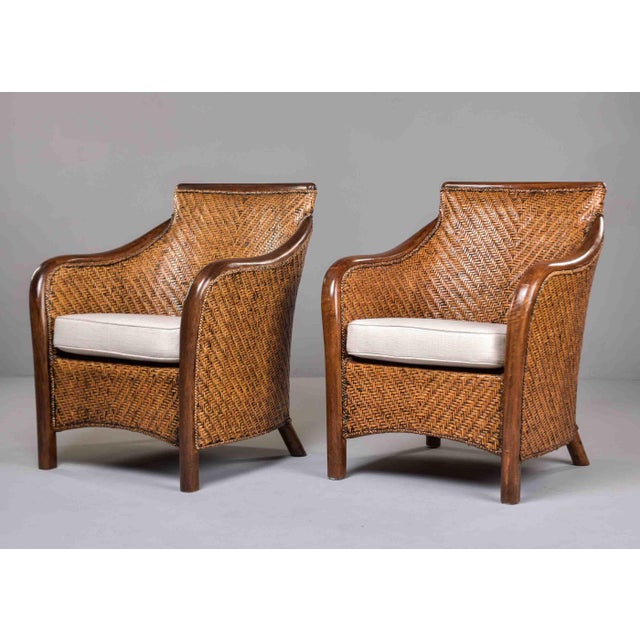 Wood Vintage French Rattan Arm Chairs With New Cushions - Pair For Sale - Image 7 of 12