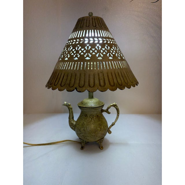Vintage 1960s Etched Brass Teapot Lamp With Pierced Metal Shade For Sale - Image 4 of 4