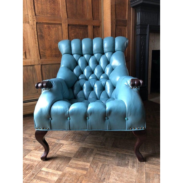 1950s Turquoise Tufted Leather Chair and Ottoman Chairish