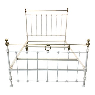 Full Size Painted Iron + Oiled Brass Bed Frame For Sale