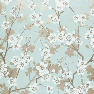 Sample - Schumacher Ming Cherry Blossom Wallpaper in Aqua For Sale