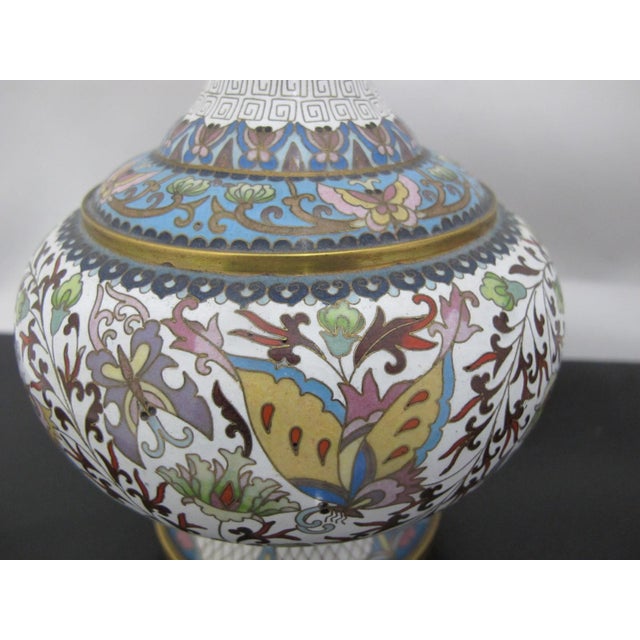 Chinese White Enamel Cloisonne Colorful Butterfly & Flower Vase Pair For Sale - Image 11 of 12