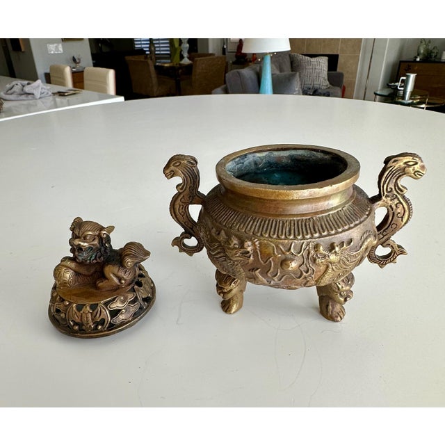 Antique Chinese Ming-Style Brass Foo Dog Incense Burner Sculpture For Sale - Image 12 of 15