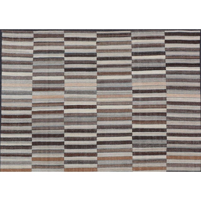 Brown Modern Flat-Weave Kilim Rug in Multi-Panel Striped Design in Earthy Tones For Sale - Image 8 of 13