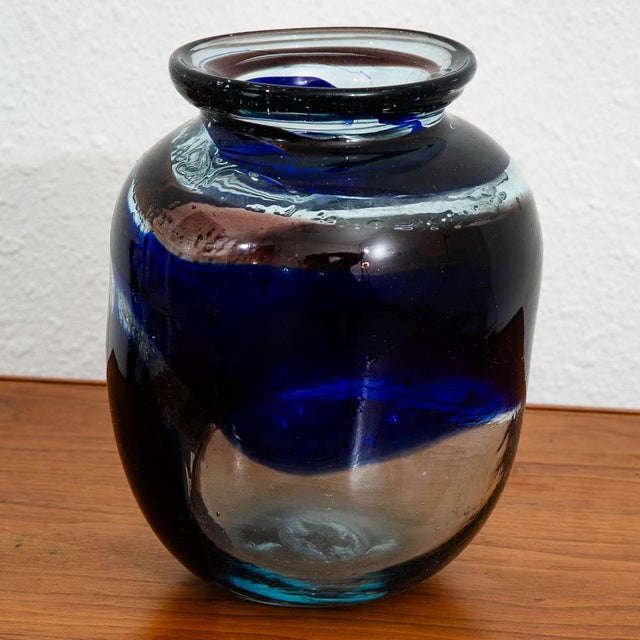 Glass Mid Century Modern Studio Glass Vase Blue and Clear 70s Handblown Rounded Vessel For Sale - Image 7 of 11