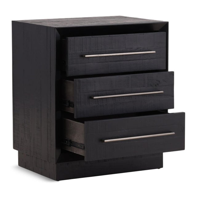 Modern black finish solid pine wood nightstand with three drawers. Sleek antiqued nickel finish iron bar drawer pulls....