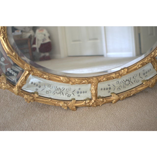 Wood Vintage Hollywood Regency Gold Gilt Oval Mirror W / Etched Floral Bevel Glass Border, Leaf & Acorn Ornate Frame- 50" For Sale - Image 7 of 18