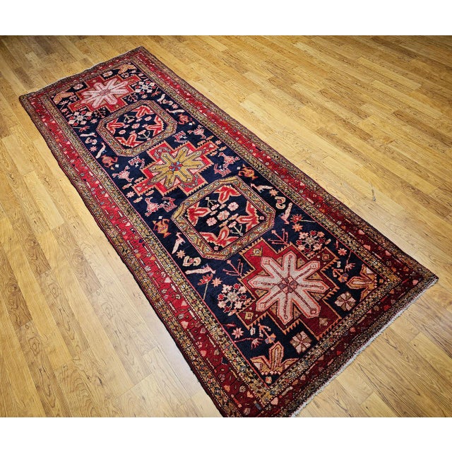 Vintage Persian Hamadan Gallery Rug, Hand-Knotted Wool, Geometric Bird Motifs Design, Navy & Red, 5x11 For Sale - Image 11 of 17