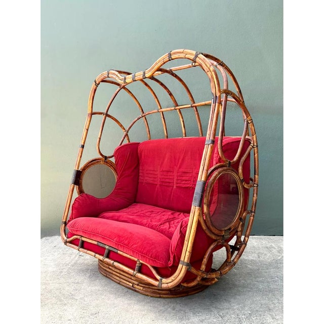 Vintage Bent Rattan Swivel Lounge Chair With Flip Down Side Tables For Sale - Image 9 of 12