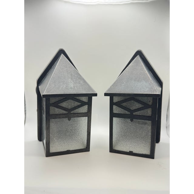 Vintage Arts Crafts Porch Sconces Pair Mid Century Lights Frosted Glass Lamps Cottage Arts and Crafts - a Pair For Sale - Image 6 of 14