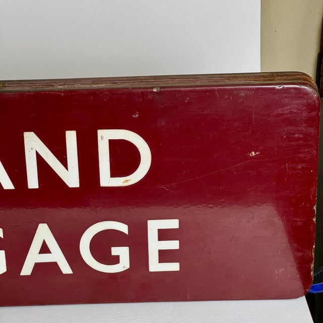 Rare Early 20th C Large Double Sided Train Station Porcelain Enamel Sign in Cherry Red Reads "Parcels and Left Luggage" For Sale - Image 11 of 18