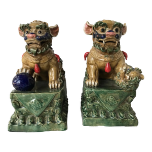 Vintage Large Chinoiserie Sancai Glaze Pottery Foo Dogs - a Pair 17" H