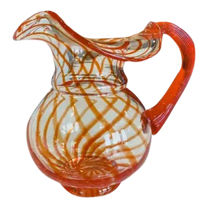 Vintage Red Swirl Ruffled Brim Hand Blown Glass Pitcher, 7" Tall