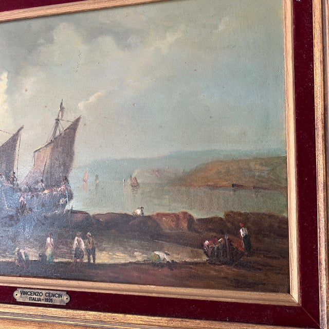 Sky Blue Oil on Canvas Framed Signed 20th Century Boats in the Harbour by Vincenzo Cencin For Sale - Image 8 of 10