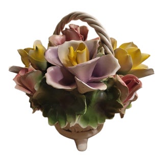 Vintage Capodimonte Italy Porcelain Rose Flower Basket Crown N Original Tag For Sale