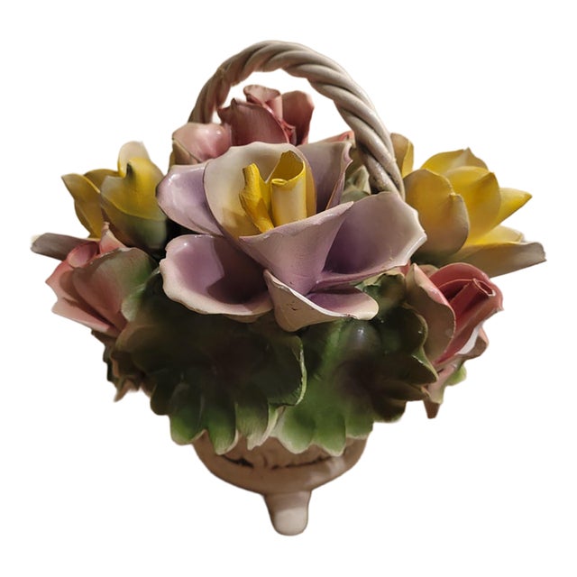 Vintage Capodimonte Italy Porcelain Rose Flower Basket Crown N Original Tag For Sale