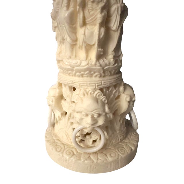 Alabaster Vintage Asian Faux Ivory Vase With Ornate Sculptures and Dragon Handles For Sale - Image 8 of 12