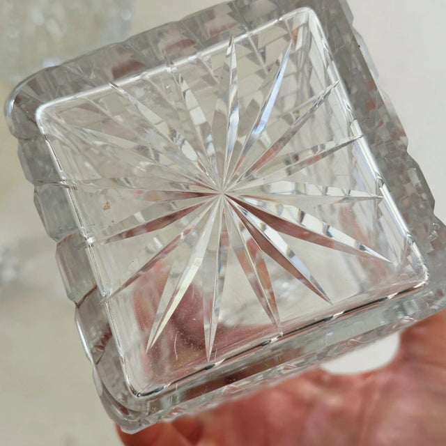 Antique Hand Cut Crystal Art Deco Decanters in Unique Trapezoid Pattern With Matching Stoppers, a Pair For Sale - Image 11 of 11