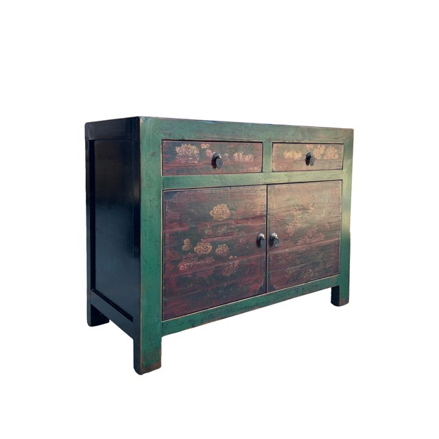 Vintage Distressed Rich Green Red Floral Graphic Credenza Sideboard Cabinet For Sale - Image 4 of 9