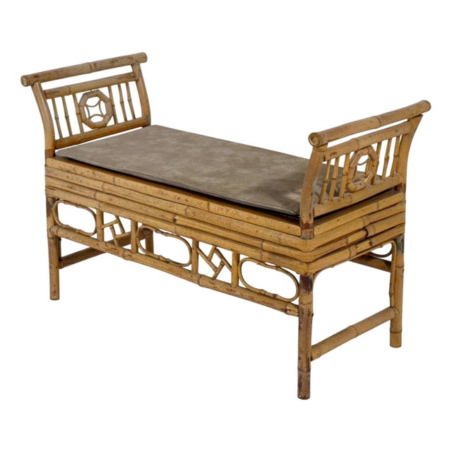 Mid 20th Century Bamboo and Cane Bench with Cushion For Sale