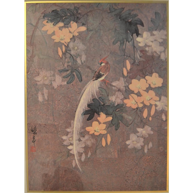 Wood Early 20th Century Signed 2 Matching Framed Asian Paintings Chinoiserie Hand Painted Bird Scene Gilt Faux Bamboo For Sale - Image 7 of 17