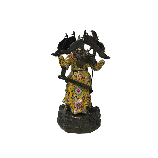 Vintage Cloisonne Yellow Enamel General Guan Yu Warrior Metal Statue For Sale - Image 16 of 18