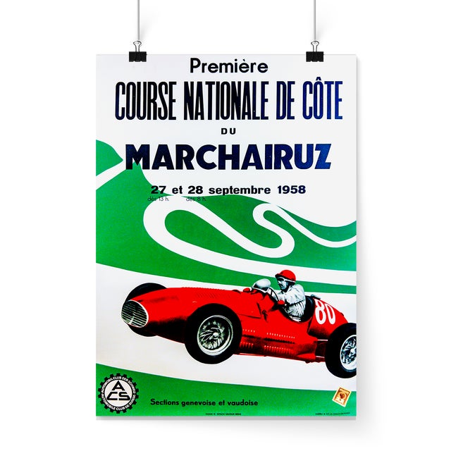 Original vintage Swiss motorsport poster advertising the first Marchairuz hill climb event at Col du Marchairuz,...