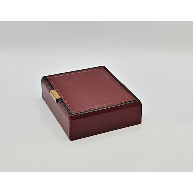 French French Burgundy Stitched Leather & Brass Cards Box, 1970s For Sale - Image 3 of 8