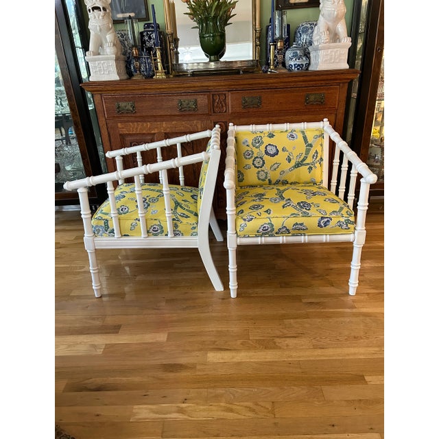 Chinoiserie 1971 White Chinoiserie Faux Bamboo Club Chairs by Ayers Furniture With Mad Cap Cottage Fabric For Sale - Image 3 of 11