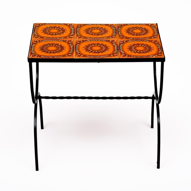 French Mid-Century Orange Ceramic Tile and Wrought Iron Side Table From Vallauris For Sale - Image 4 of 9