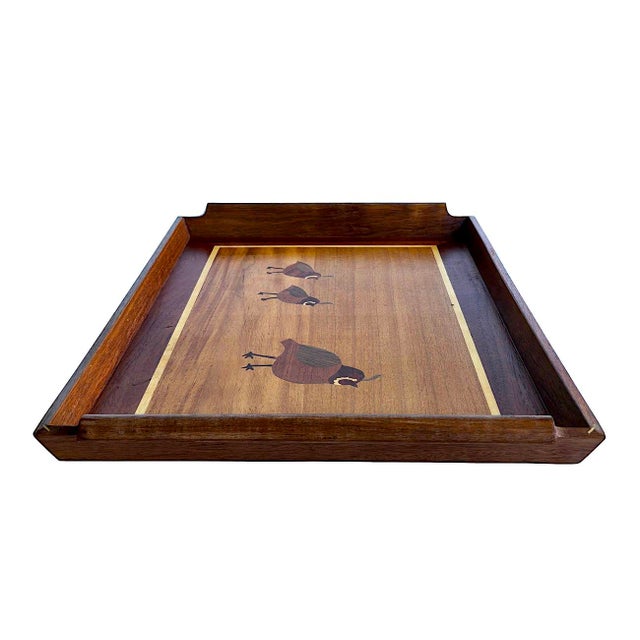 1970s Vintage Inlaid Wood Serving Tray – Handcrafted Marquetry Quail Motif For Sale - Image 5 of 13