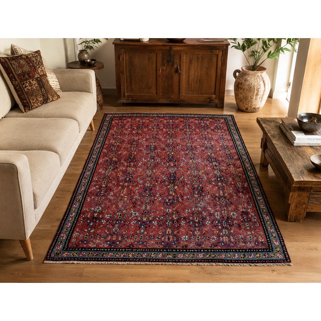 Vintage Rug 220x144 cm – Hand-Knotted Wool Rug, Red Floral Oriental Carpet, Mid-Century Decorative Rug This charming hand-...