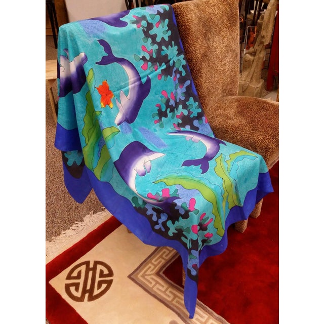Silk Hand Painted Dolphin Art Throw For Sale - Image 9 of 11