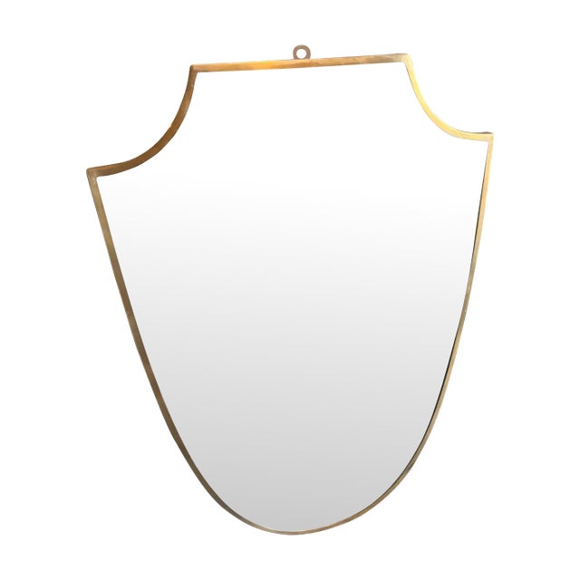 1950s Gio Ponti Style Mid-Century Modern Brass Shield Italian Wall Mirror For Sale