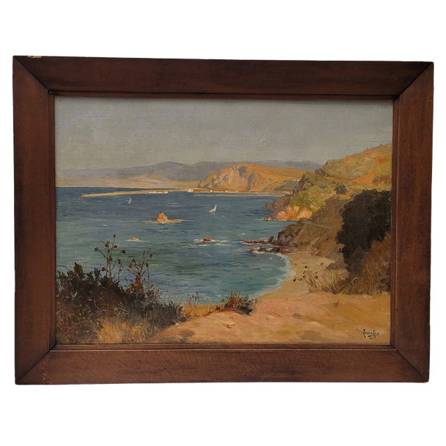 Rene Charles Edmond His, View of the Villefranche Coast, 1903, Oil on Cardboard, Framed For Sale