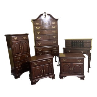 1980s Ethan Allen Georgian Court Nightstands, Lingerie Chest, Highboy Dresser and Desk For Sale