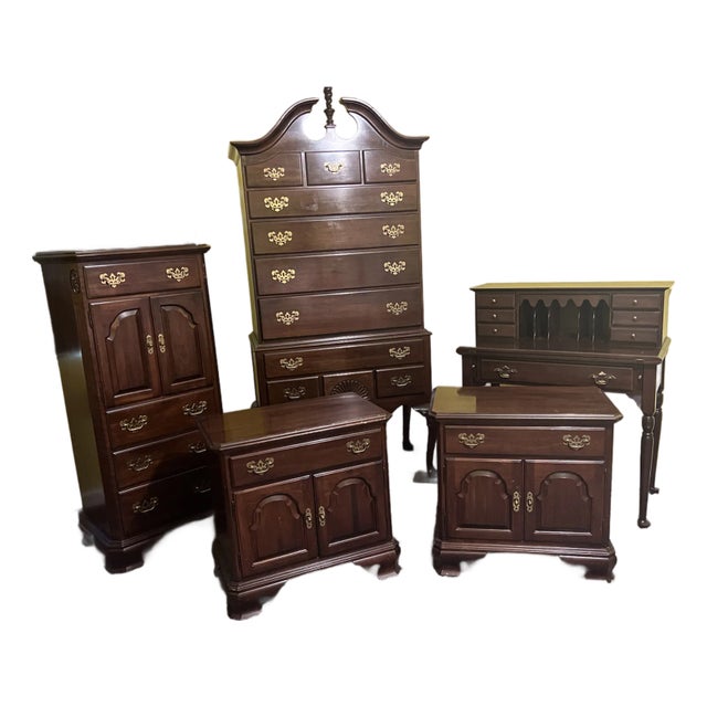 1980s Ethan Allen Georgian Court Nightstands, Lingerie Chest, Highboy Dresser and Desk For Sale