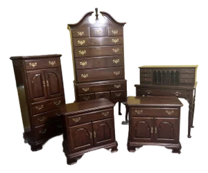 1980s Ethan Allen Georgian Court Nightstands, Lingerie Chest, Highboy Dresser and Desk