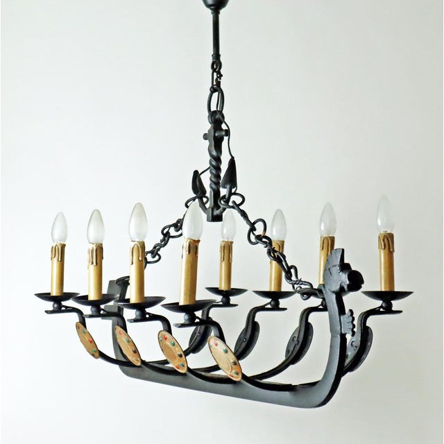 Wrought -Iron Vikinger Longboat Chandelier with Horse Head, in Very Good conditions. Designed 1950 to 1959 Up to 250V...