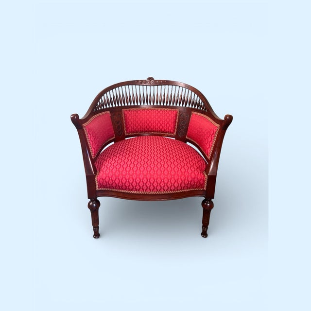 Red Edwardian Mahogany Barrel Back Conversation Chair, Circa 1900 For Sale - Image 8 of 8