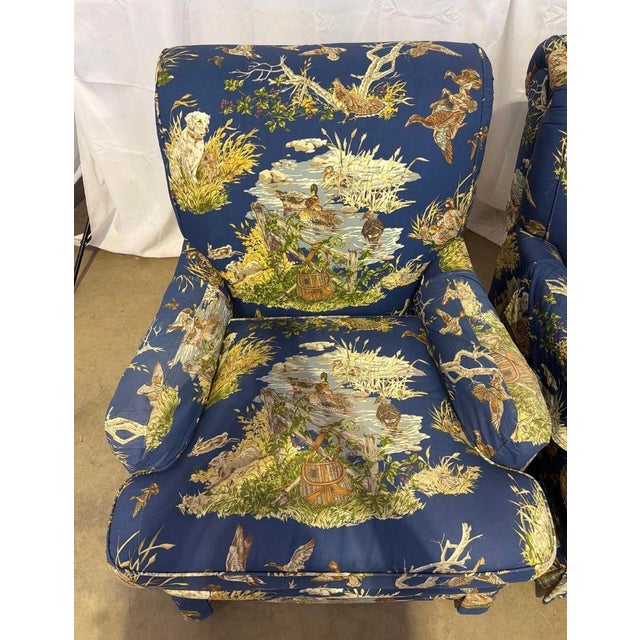 Vintage Bench-Made 3-Piece Living Room Set in Schumacher "Dog & Duck" Indigo Linen – Sofa & 2 Matching Chairs For Sale - Image 14 of 18