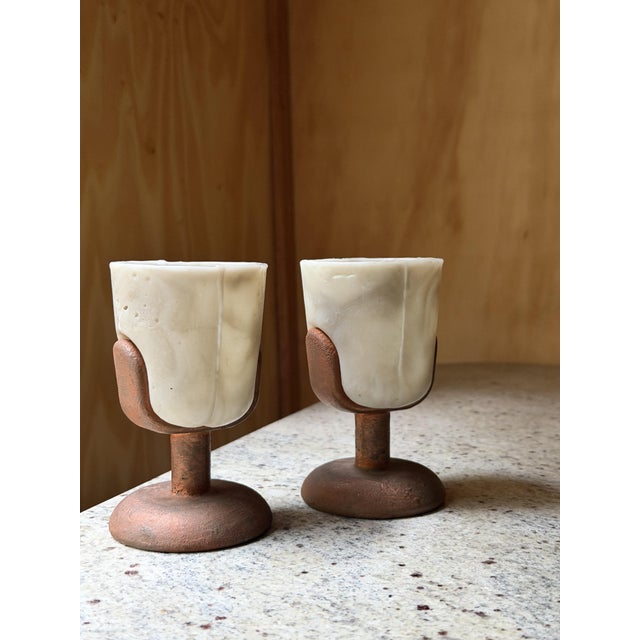 Vintage Brutalist Barware Set with Hand-Molded Capa Carafe and Vessels with Copper Bases, Set of 4 For Sale - Image 6 of 12